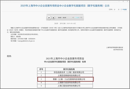 上海赛摩工业互联网获得“上海市中小企业发展专项资金中小企业数字化赋能项目”